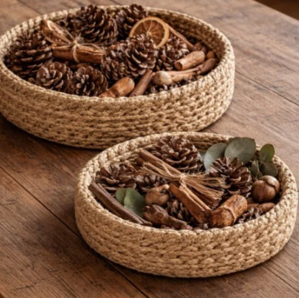 Set de 2 canastos redondos de fibra natural trenzada para decoración de casa