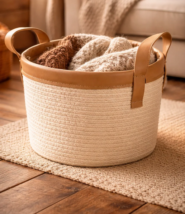 Canasto de fibra seagrass blanco con borde beige para decoración de casa