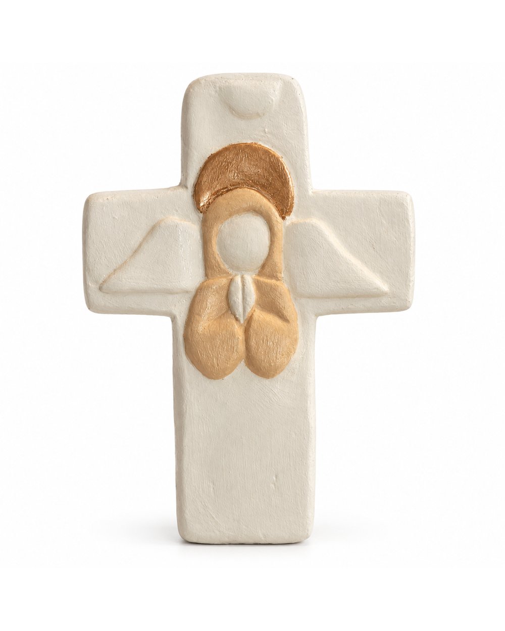 Cruz de pared con ángel rezando de yeso pintado a mano, color marfil y dorado (foto real)