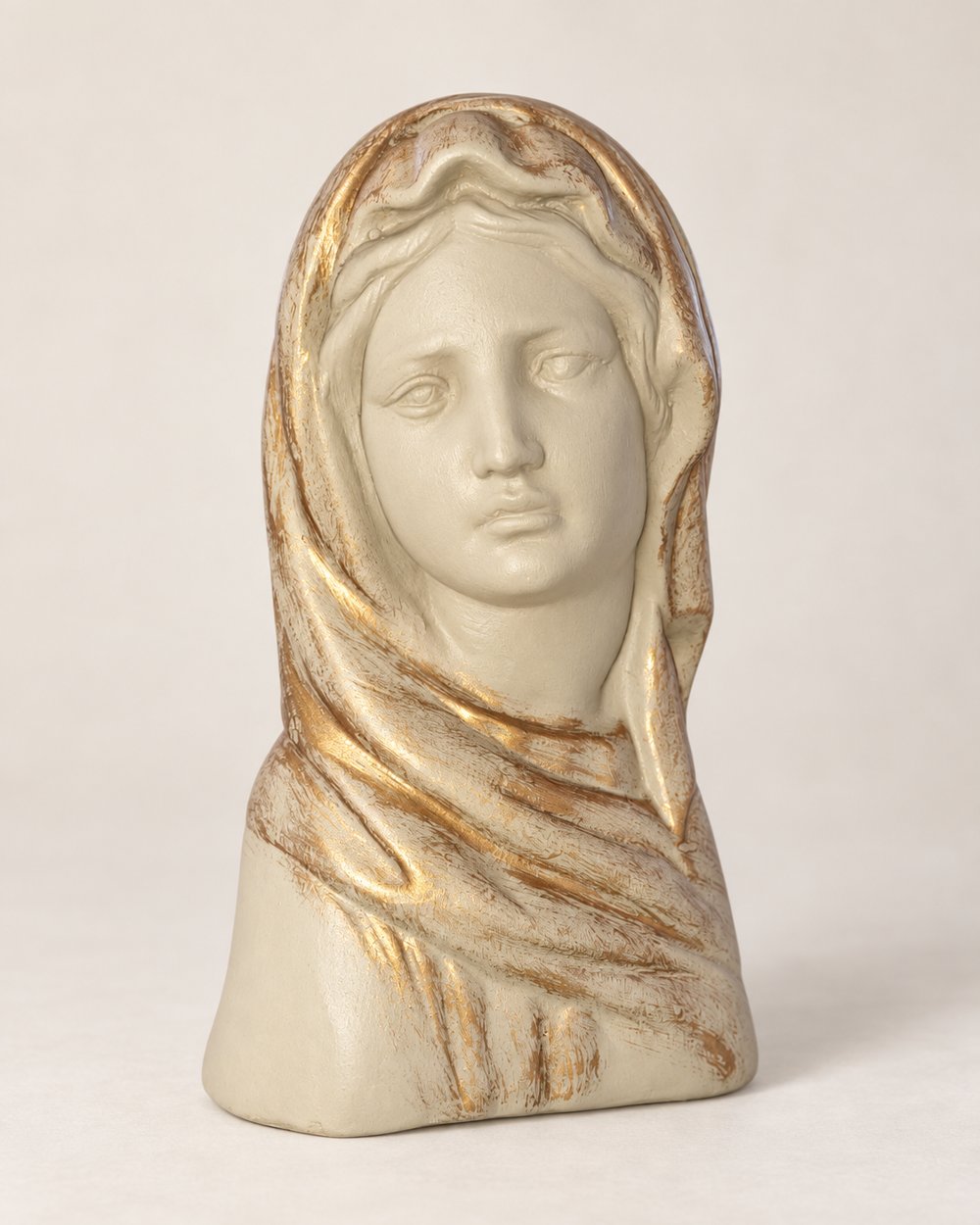 Busto de la Virgen de yeso pintado a mano, color beige y dorado (foto real)